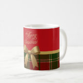 Merry Christmas Plaid Mug with Gold Bow コーヒーマグカップ (正面右)