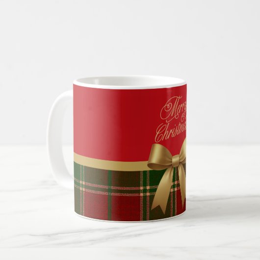 Merry Christmas Plaid Mug with Gold Bow コーヒーマグカップ (正面左)