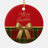 Merry Christmas Plaid Ornament with Gold Bow セラミックオーナメント (正面)