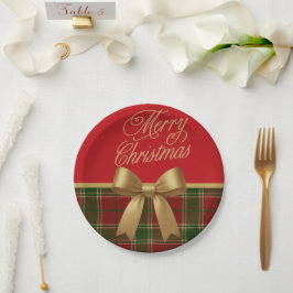 Merry Christmas Plaid Paper Plate with Gold Bow ペーパープレート