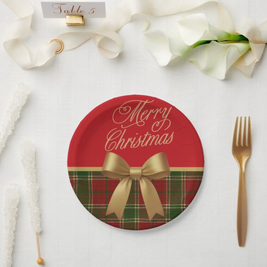 Merry Christmas Plaid Paper Plate with Gold Bow ペーパープレート (ウェディング)