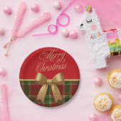 Merry Christmas Plaid Paper Plate with Gold Bow ペーパープレート (パーティー)