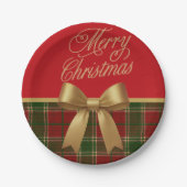 Merry Christmas Plaid Paper Plate with Gold Bow ペーパープレート (正面)