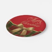 Merry Christmas Plaid Paper Plate with Gold Bow ペーパープレート (アングル)
