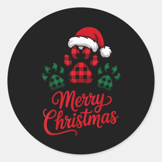 Merry Christmas Plaid Paw Pet Owners Holiday Dog L ラウンドシール (正面)