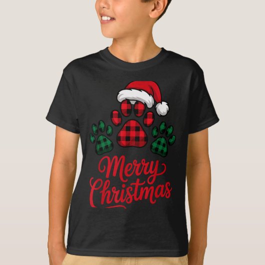 Merry Christmas Plaid Paw Pet Owners Holiday Dog L Tシャツ (正面)