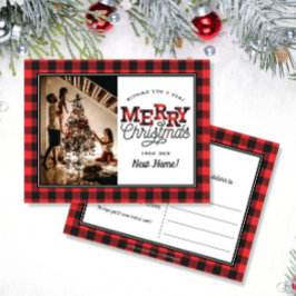 MERRY Christmas Plaid Photo Moving Announcement ポストカード