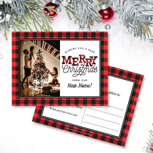 MERRY Christmas Plaid Photo Moving Announcement ポストカード