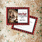 MERRY Christmas Plaid Photo Moving Announcement ポストカード