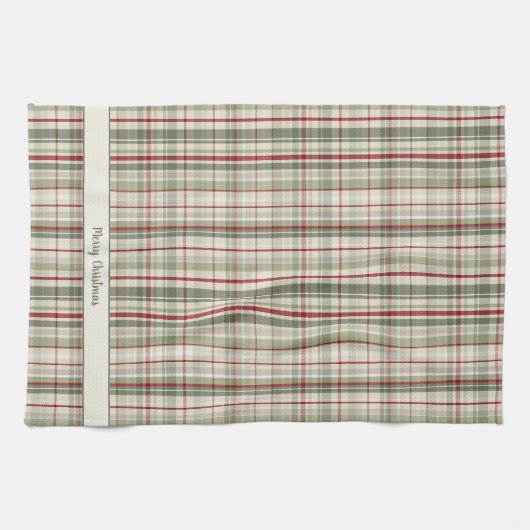 Merry Christmas Plaid - rustic green red ivory キッチンタオル (横)