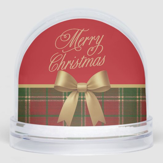 Merry Christmas Plaid Snow Globe with Gold Bow (正面)