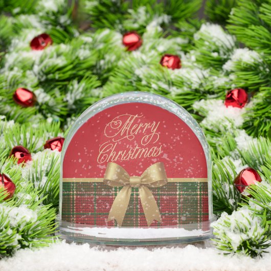 Merry Christmas Plaid Snow Globe with Gold Bow (クリスマス)