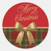 Merry Christmas Plaid Sticker with Gold Bow ラウンドシール (正面)