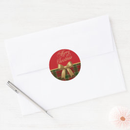 Merry Christmas Plaid Sticker with Gold Bow ラウンドシール