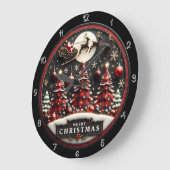 Merry Christmas Plaid Trees Santa Sleigh ラージ壁時計 (傾斜)