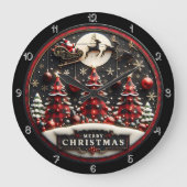 Merry Christmas Plaid Trees Santa Sleigh ラージ壁時計 (正面)