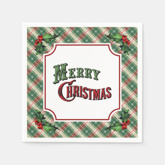 Merry Christmas Plaid with Holly スタンダードカクテルナプキン
