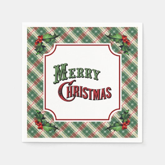 Merry Christmas Plaid with Holly スタンダードカクテルナプキン (正面)