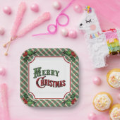 Merry Christmas Plaid with Holly ペーパープレート (パーティー)