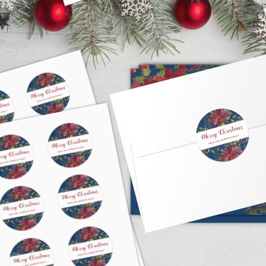 Merry Christmas Poinsettia Botanical Navy Blue ラウンドシール