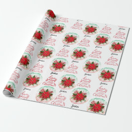 Merry Christmas Poinsettia customizable name  ラッピングペーパー