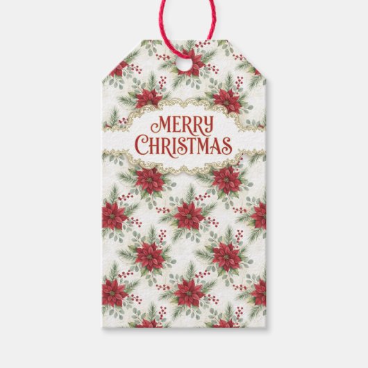 Merry Christmas Poinsettia Festive Red Floral      ギフトタグ (正面)