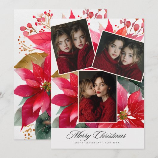 Merry Christmas Poinsettia Floral holiday 3 photo シーズンカード (正面/裏面)