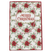Merry Christmas Poinsettia Floral Holiday Pattern ミディアムペーパーバッグ (正面)