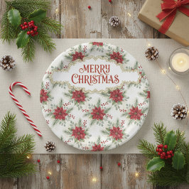 Merry Christmas Poinsettia Paper Plates ペーパープレート
