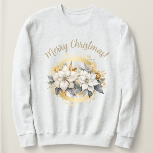 Merry Christmas Poinsettia White & Gold Sweatshirt スウェットシャツ (デザイン正面)