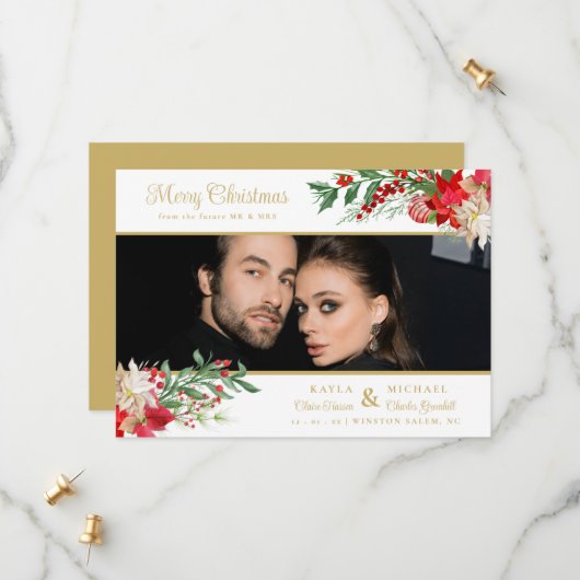 Merry Christmas Poinsettias Garland Photo Wedding セーブザデート (正面/裏面インサイチュ)