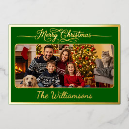 Merry Christmas Post Card Family Photo Poem Green 箔シーズンカード