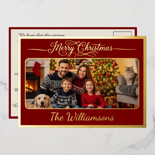 Merry Christmas Post Card Family Photo Poem Red 箔シーズンカード (正面/裏面)