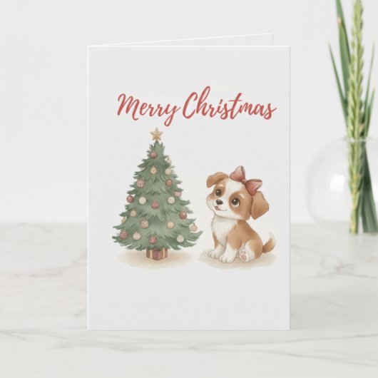 Merry Christmas Puppy Card Cute Dog with Tree カード (正面)