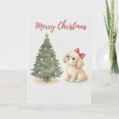 Merry Christmas Puppy Card Fluffy Dog with Tree カード (正面)