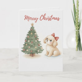 Merry Christmas Puppy Card Fluffy Dog with Tree カード