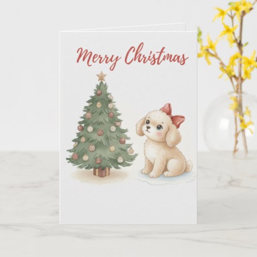 Merry Christmas Puppy Card Fluffy Dog with Tree カード (黄色い花)