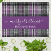 Merry Christmas purple tartan plaid script name キッチンタオル (折り畳み)