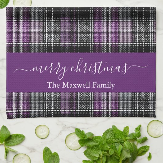 Merry Christmas purple tartan plaid script name キッチンタオル (折り畳み)