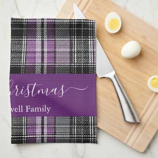 Merry Christmas purple tartan plaid script name キッチンタオル (四つ折り)