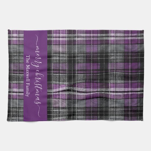 Merry Christmas purple tartan plaid script name キッチンタオル (横)