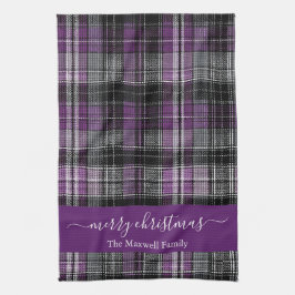 Merry Christmas purple tartan plaid script name キッチンタオル