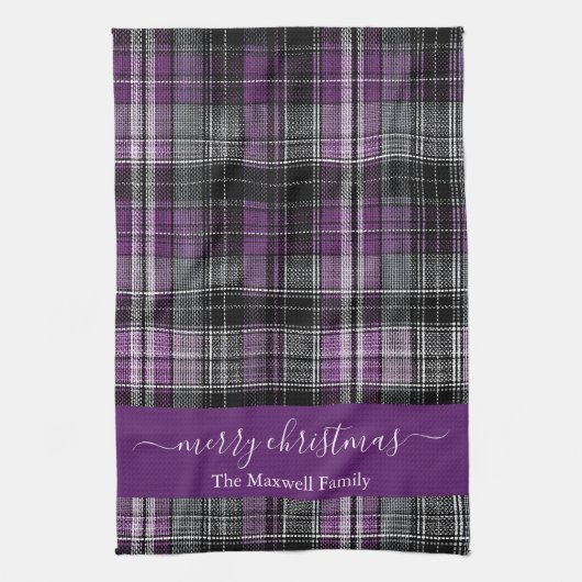Merry Christmas purple tartan plaid script name キッチンタオル (縦)