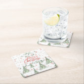 Merry Christmas Red and Green Snowy Trees スクエアペーパーコースター (インサイチュ)