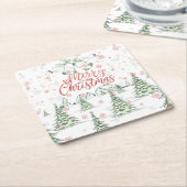 Merry Christmas Red and Green Snowy Trees スクエアペーパーコースター (アングル)