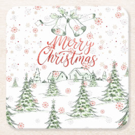 Merry Christmas Red and Green Snowy Trees スクエアペーパーコースター