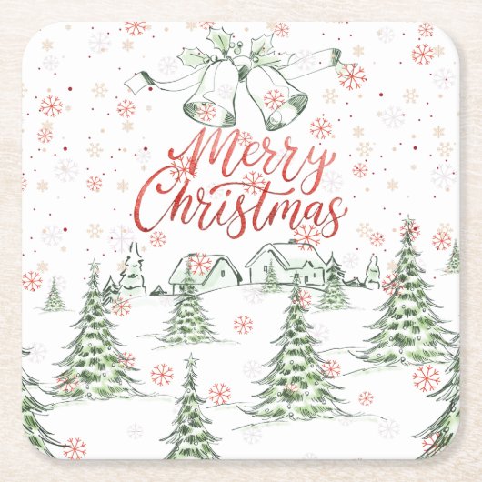 Merry Christmas Red and Green Snowy Trees スクエアペーパーコースター (正面)