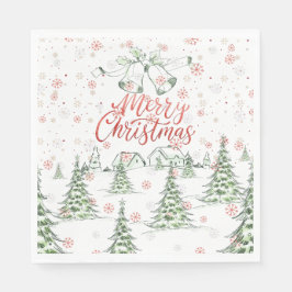 Merry Christmas Red and Green Snowy Trees スタンダードランチョンナプキン