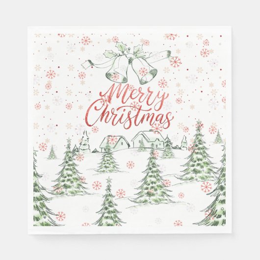 Merry Christmas Red and Green Snowy Trees スタンダードランチョンナプキン (正面)
