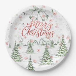 Merry Christmas Red and Green Snowy Trees ペーパープレート